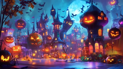 Halloween Town with Illuminated Jack-o'-Lanterns and a Full Moon