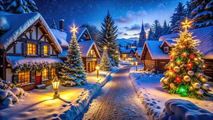 Winter wonderland: snowy path, illuminated festive houses, Christmas tree, bokeh lights create a magical night.