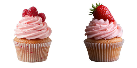 Strawberry Pink cupcake with cream on transparent bg 