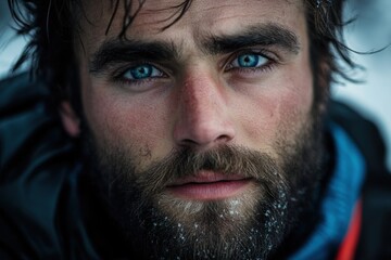 Obraz premium A portrait of a mountain guide's face, wind-chapped complexion, ice-blue eyes, dark brown hair, full beard, alert look