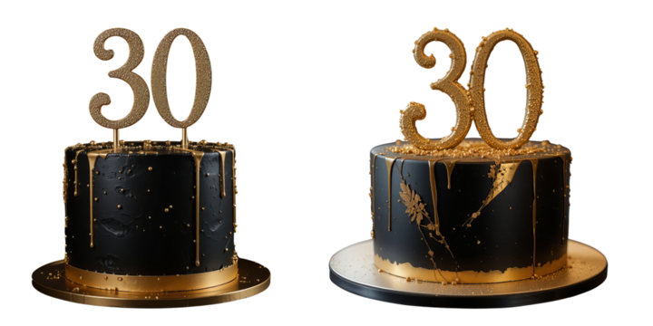  black stylish cake with gold accents and a 30 number on top of the cake 