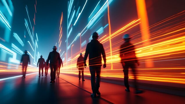 Workers moving through a futuristic industrial corridor with dynamic light trails. Perfect for technology, progress, and industry themes