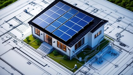 Modern Sustainable Home with Solar Panels and Green Landscape