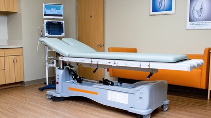 Modern medical examination table with integrated computer monitors in doctor's office