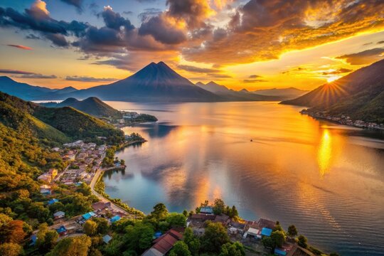 Witness Atitlán's magic: stunning drone shots reveal a breathtaking Guatemalan sunset over the lake.