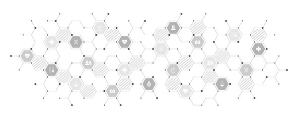 Medical background and healthcare technology with flat icons and symbols. Concept and idea for health care business, innovation medicine, health safety, science, medical research, and development.