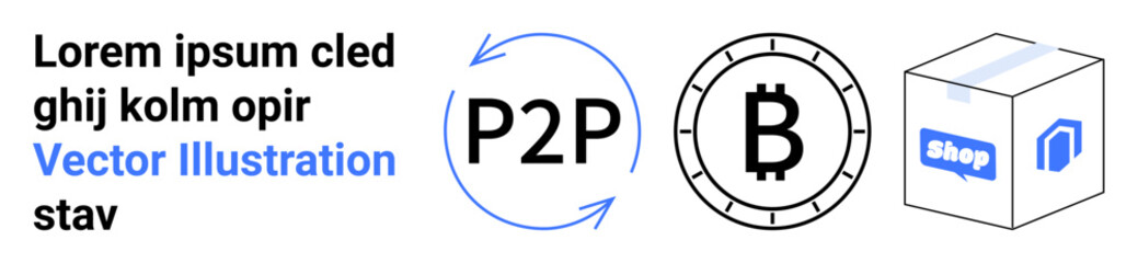 P2P arrows, Bitcoin symbol, and shopping box. Ideal for cryptocurrency, e-commerce, peer-to-peer transactions, blockchain technology, online shopping, digital payments, local exchanges. Landing page