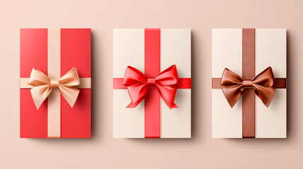 4 vector art-style cards with different bows and the text on pink, red, and white backgrounds
