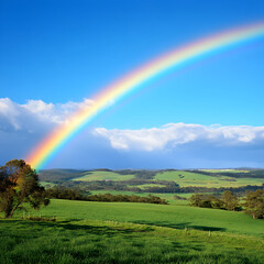 Naklejka premium Rainbow Over Rolling Hills: A vibrant rainbow arches majestically across a sprawling green landscape, creating a breathtaking display of natural wonder. The image evokes a sense of hope, renewal.