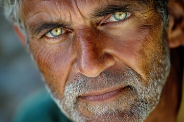 Obraz premium A portrait of a sand artist's face, golden complexion, amber eyes, sandy brown hair, desert-worn beard, patient look