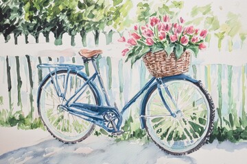 Fototapeta premium Bicycle with Flower Basket A vintage bicycle leaning against a picket fence, with a basket overflowing with tulips
