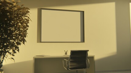 Fototapeta premium Serene Minimalist Office Workspace with Sunlight Streaming Through Window