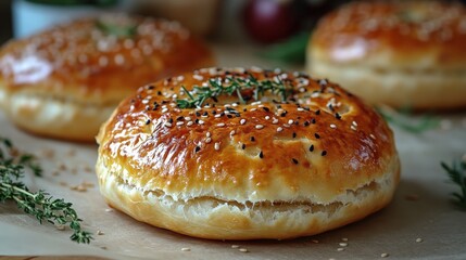 Golden pirozhok resting on parchment with sesame seeds in a cozy bakery setting