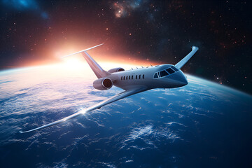 Abstract flight of aircraft in space hyper futuristic.