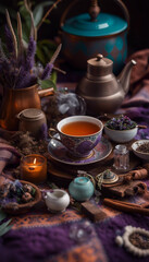 Fototapeta premium Decorative tea arrangement featuring a glass teacup, teapot, cinnamon sticks, and lavender buds on a patterned fabric background, offering a warm and inviting atmosphere ideal for relaxation and tradi