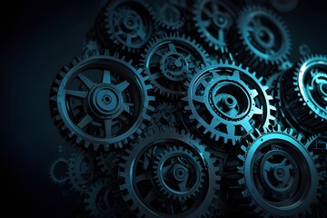 Technology abstract background from gearwheels composition. Horizontal light banner for teamwork, industrial, communication or automation conceptual Generative AI