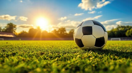 A panoramic view of a soccer field bathed in sunlight,