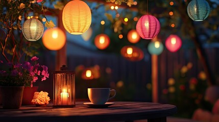 A cozy outdoor dining area illuminated by colorful paper lanterns in shades of orange,