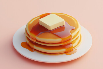 3d rendering pancake with maple syrup and butter on pastel background, Selective focus plain pancake with honey in 3d cartoon style.