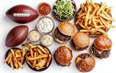 Super Bowl burger bar mockup featuring a variety of gourmet sliders, crispy fries, dipping sauces, and a football placed beside the meal, isolated on bright white background