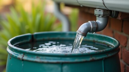Close-up of a rainwater harvesting system with water flowing from a gutter into a collection barrel.
