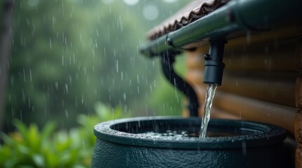 Close-up of a water collection system with a gutter leading to a rain barrel