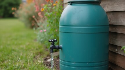DIY rain barrel setup in a backyard