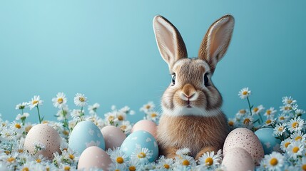 Bunny bliss scene This photograph showcasing bunny ears, enchanting chamomiles, and eggs on a pastel blue background is perfect for a festive vibe with a spot for your text or advertising