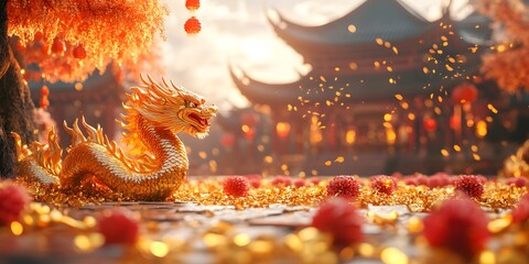 Gold dragon is laying on the ground in front of a building with red flowers