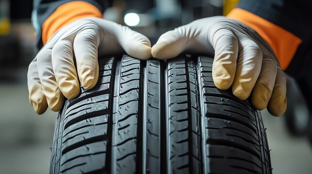 Hands inspecting a vehicle tire in workshop.