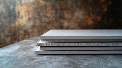 Drywall sheets stacked with sharp edges in a minimalist workshop environment
