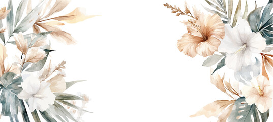 watercolor flower border banner. Spring roses flower frame with leaves, yellow grass flowers. Cards, invitations, decorative border wreath. Wedding, mother's day, valentine's day,Women's Day