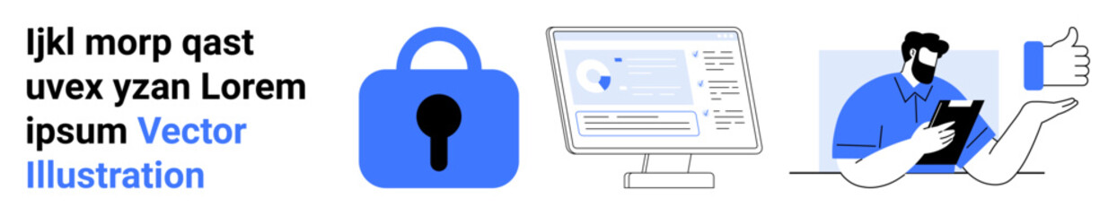Text placeholder and blue secure lock, computer screen showing security data, person using tablet and giving thumbs up. Ideal for cybersecurity, tech blogs, educational content, data protection