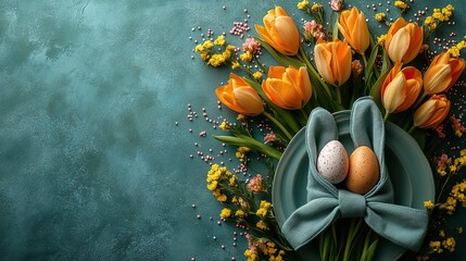 Bunny-inspired Easter charm. a table adorned with an egg in a bunny ear napkin, stunning yellow tulips, and sugar sprinkles on a pastel green background is adaptable for text or adverts