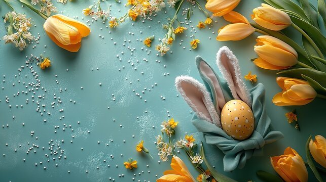Bunny-inspired Easter charm. a table adorned with an egg in a bunny ear napkin, stunning yellow tulips, and sugar sprinkles on a pastel green background is adaptable for text or adverts