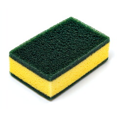 A green and yellow sponge for washing dishes isolated