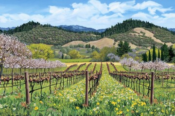 Fototapeta premium Blossoming Vineyard A vineyard with budding grapevines and wildflowers growing between the rows