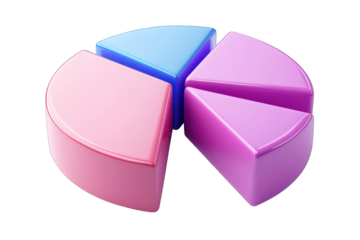A 3D pie chart illustration with segments in pink and blue, representing data visualization.
