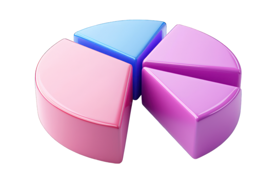 A 3D pie chart illustration with segments in pink and blue, representing data visualization.