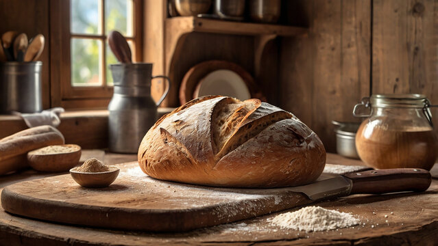 A wooden table with sourdough bread, scattered flour, and a rustic knife against a cozy kitchen background