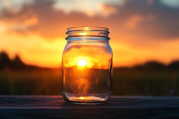 Empty glass jar reflecting a beautiful sunset