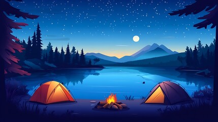 Illustration of scenic camping spot by the lake, tents set up under the stars with a campfire background wallpaper