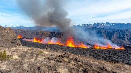Volcanic eruption lava flow, fiery landscape, mountain backdrop, smoke plumes, geological event