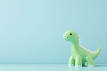 Fototapeta premium A cute green dinosaur toy stands against a pastel blue background, evoking a playful and whimsical atmosphere.