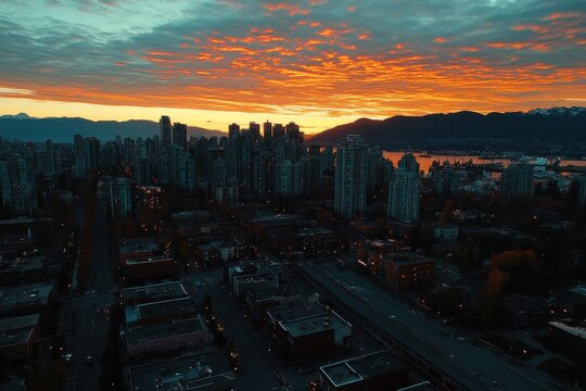 Cityscape sunrise aerial view, fiery clouds, mountains
