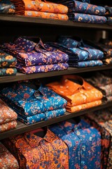 A display of colorful, patterned men's shirts neatly folded on shelves in the store. The shirt designs include floral patterns and bold colors 