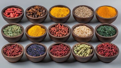 Assorted spices and herbs in wooden bowls on gray background.