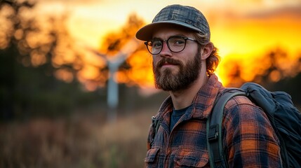 Obraz premium Bearded man with backpack at sunset, wind turbines in background.