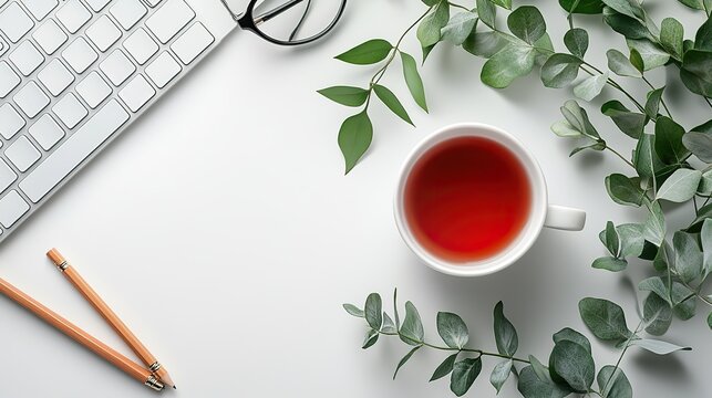 Business concept. workplace with a keyboard, reminders, pencils, a cup of hot drinking, stylish glasses, and eucalyptus on an isolated white background with blank space