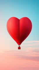 Obraz premium A vibrant red heart-shaped hot air balloon floats against a serene sky, symbolizing love and adventure.